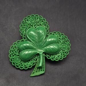 Vintage Plastic Shamrock Three Leaf Clover Brooch Saint Patricks Day